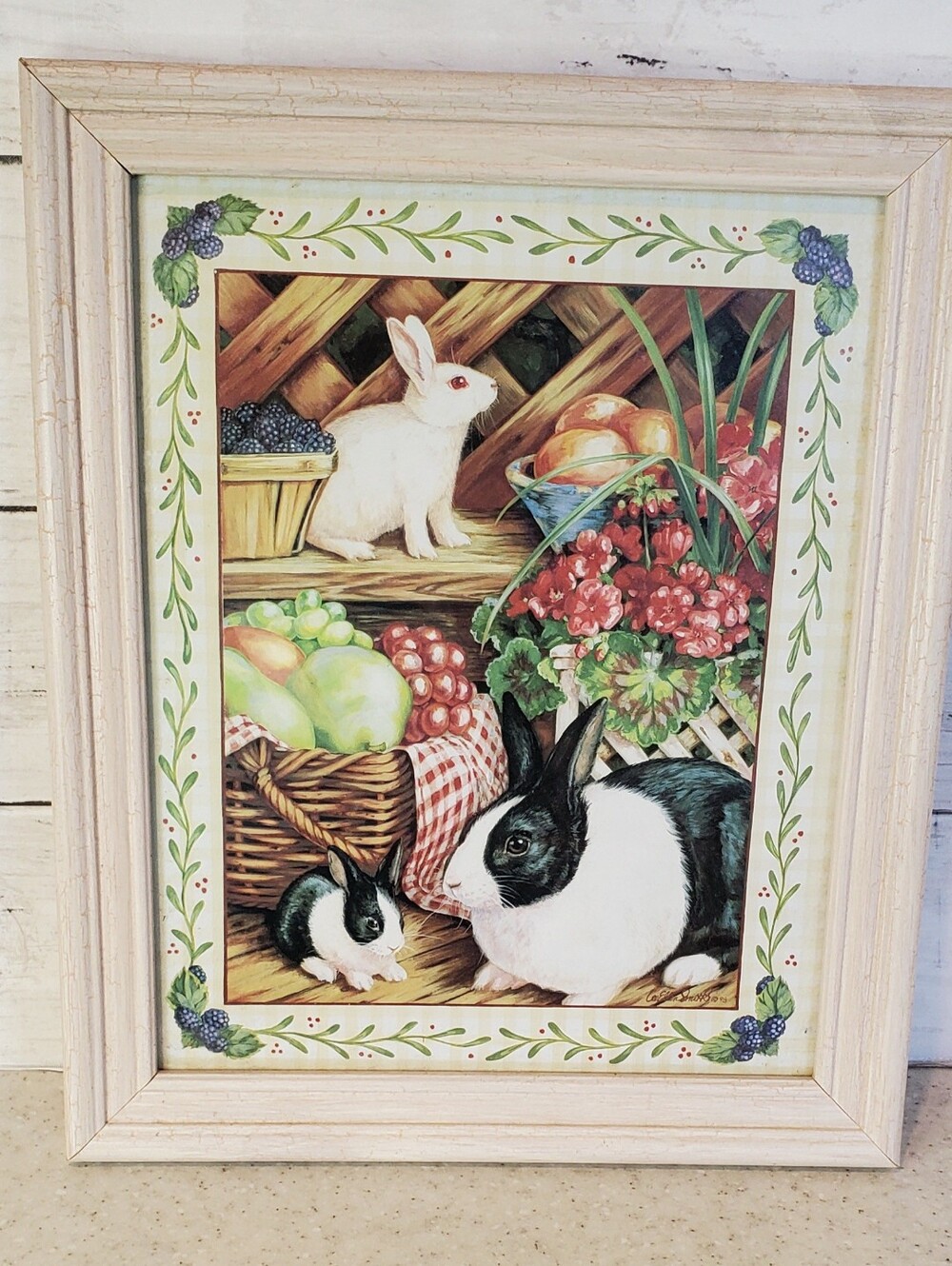 Vintage Cottagecore Bunny Rabbit Framed Print Glass Wall Art Grandmacore 9.5x11.